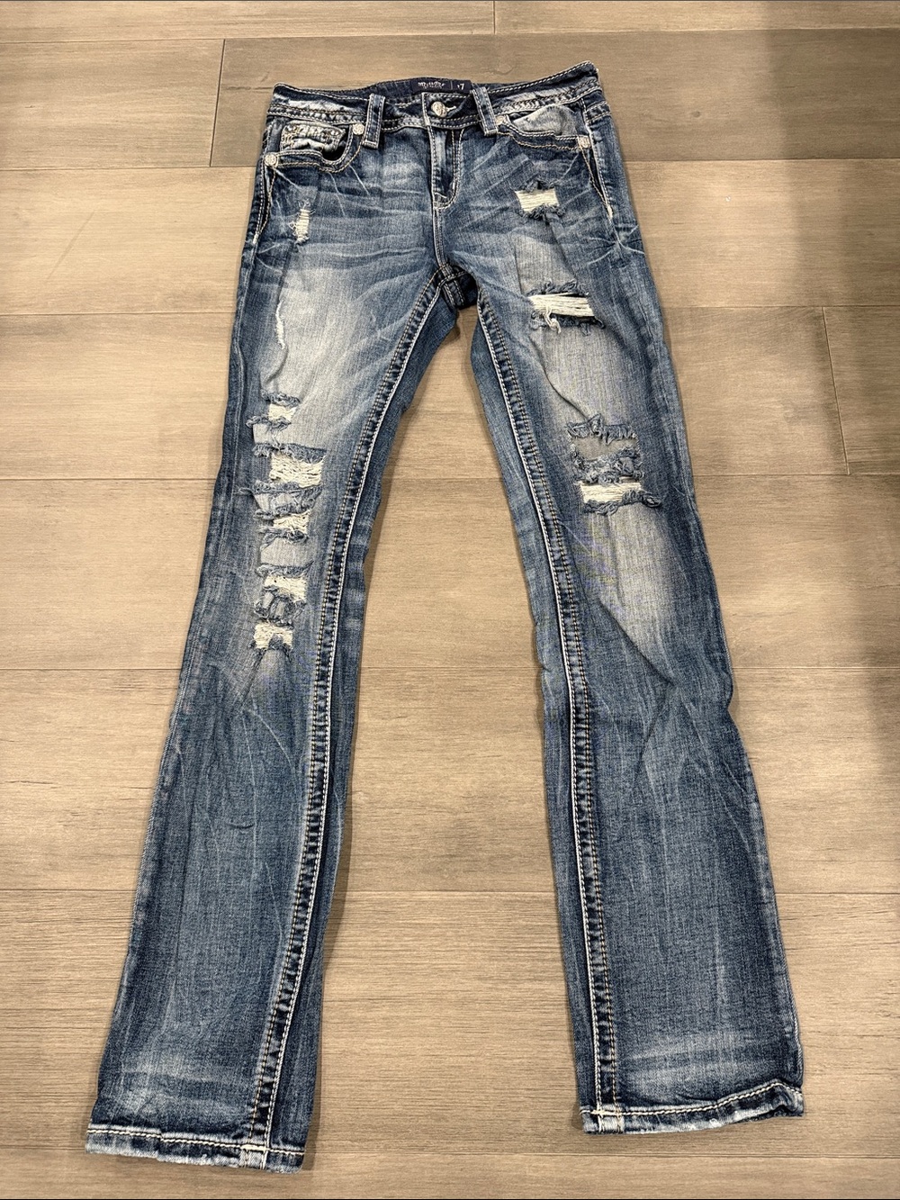 Miss Me Distressed Blue Flare Jeans - Mid Rise - Straight Leg - Size 27